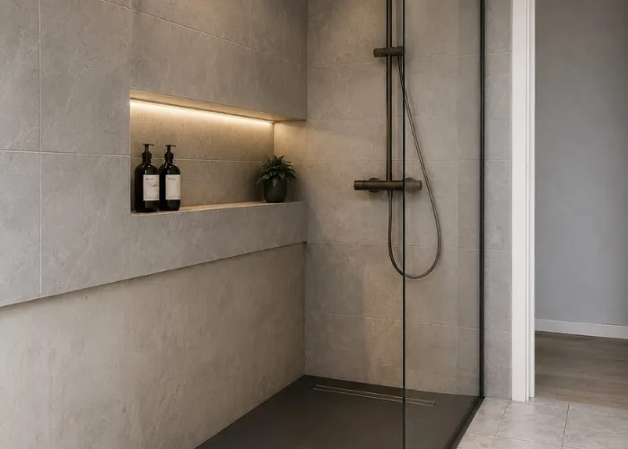Après rénovation Douche à l'italienne de plain-pied avec carrelage grand format effet pierre, et robinetterie noir mat
